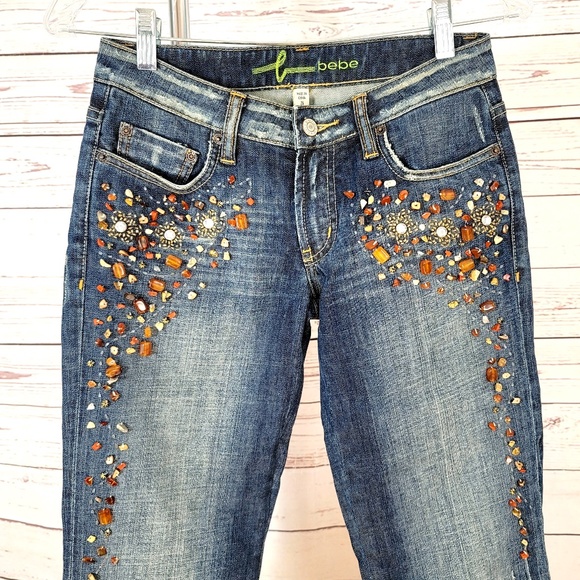 bebe jeans blue Size 26 fade to dark wash embellished tiger eye stones low rise - Picture 3 of 9